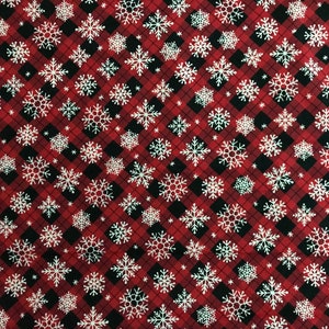 Buffalo Plaid Cotton Fabric: Red & Black Snowflakes - Quilt Shop Quality