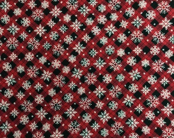 Buffalo Plaid Cotton Fabric: Red & Black Snowflakes - Quilt Shop Quality