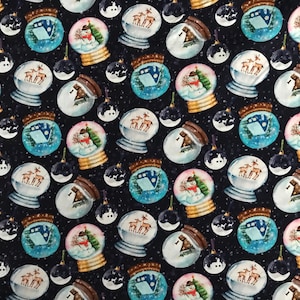 Christmas Snow Globes and Ornaments, Cotton Fabric Sold by the Yard