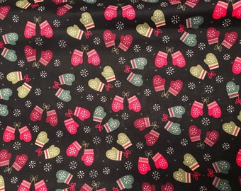 Stitched Winter Mittens, and Snowflakes, Merry Christmas, quilt shop Cotton fabric