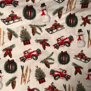 Red Panel Truck, Snowman, sleds, Merry Christmas Scene, fabric by the 1/2 yard, 100% cotton