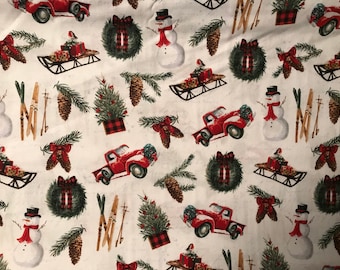 Red Panel Truck, Snowman, sleds, Merry Christmas Scene, fabric by the 1/2 yard, 100% cotton