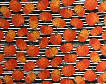 Fall Harvest Stripes and Pumpkins, Cotton, Sold by the Yard
