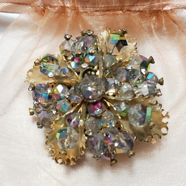 Amazing Brooch with Aurora Borealis beads sparkle headpins pale gold leaves brooch 2" square design Unmarked Welded pin, Mother's Day