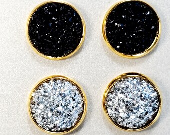Black and Silver Druzy Stud Earrings in Gold setting, Gift for her. Mom, Mother- in-law, Graduation, Cinco de Mayo, Anniversary, Birthday
