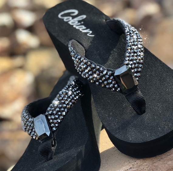 Black Hematite Rockstar Swarovski Crystals Platform Flip Flops Etsy