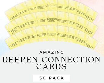 May include: A collection of yellow cards with various conversation prompts, arranged in a fan shape. The cards are labeled "AMAZING DEEPEN CONNECTION CARDS" and "50 PACK". The cards are designed to spark meaningful conversations.