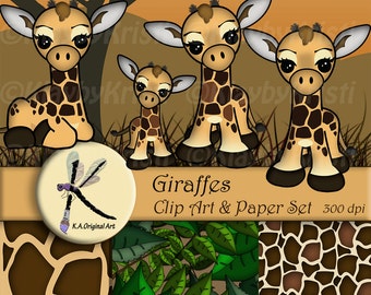 Digital Printable Giraffe Clip Art & Paper Set -INSTANT DOWNLOAD- Scrapbook Pages and Clipart