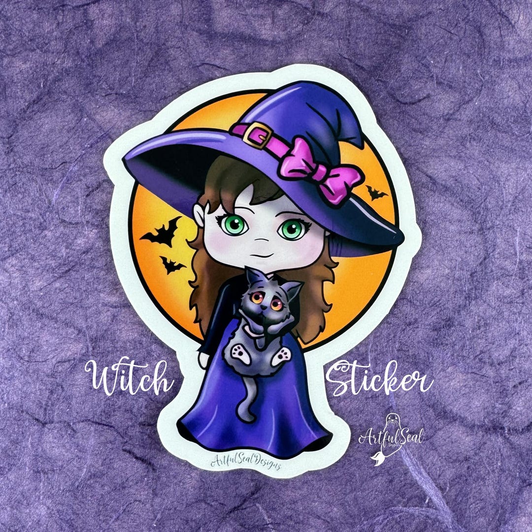 Witch With Cat Halloween Sticker, Die Cut Sticker, Decal, Cute Sticker ...