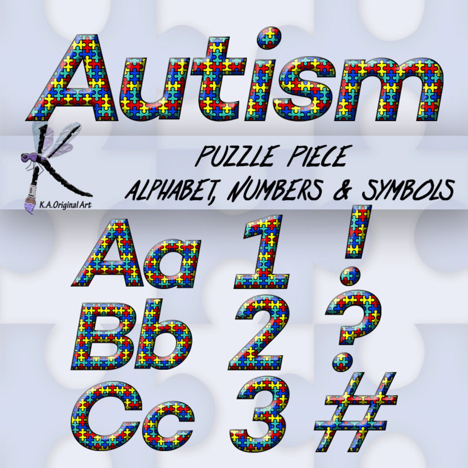 Digital Puzzle Piece Autism Alphabet Clipart. Letters, Numbers