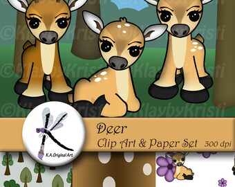 Digital Printable Deer Clip Art & Paper Set -INSTANT DOWNLOAD- Scrapbook Pages and Clipart