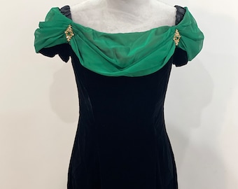 80s 90s vintage charm evening wear black velvet and green drapery slightly off shoulder party dress Scott McClintock, 2 brooches zipper back