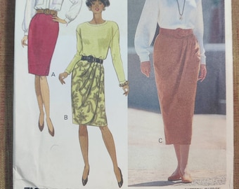 Butterick 5056 Falda estrecha clásica en 2 largos con envoltura drapeada sintética frente Vintage Moda Patrón de costura 1980s 80s Talla 12-14-16 UNCUT