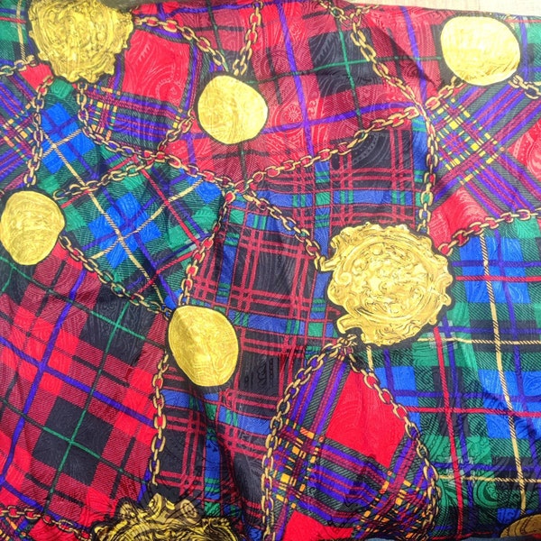 By The Yard 1980/90s Lightweight Rayon Fabric in Jewel Tone Plaid with Large Gold Chains for Blouse or Scarf Vintage Yardage NEW 45" Wide