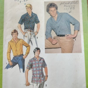 May include: A sewing pattern for three different shirts. The first shirt is a yellow long-sleeved shirt with a collar. The second shirt is a blue and white checked short-sleeved shirt with a collar. The third shirt is a blue long-sleeved shirt with a collar. The pattern includes instructions for making the shirts.