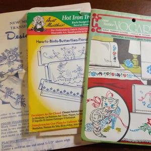 Vintage Iron On Transfer Pattern Lot of 3 Aunt Martha 3870 His/Hers Vogart 706 Cats Mail Order 7248 Roses Embroidered Pillowcase Sheet UNCUT