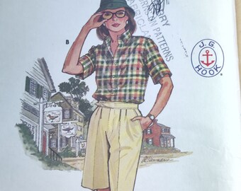 Butterick 6357 Pantalones cortos casuales para caminar camisa con botones falda de línea A de J.G. Gancho estilo de Nueva Inglaterra Vintage patrón de costura 1980s 80s tamaño 14 UNCUT