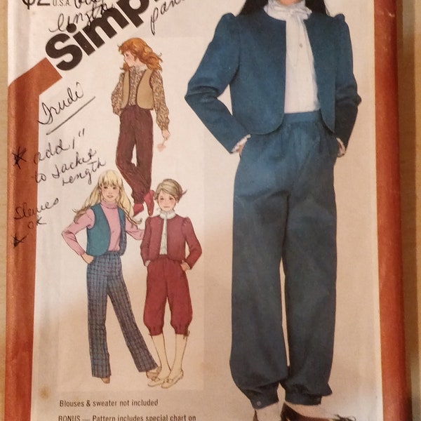 Simplicity 5626 Child's Pants Knickers Jacket and Vest Vintage Childrens Fashion Sewing Pattern 1980s 80s Size 8 Girls