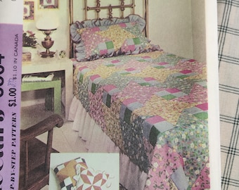 McCall 3864 1970s Bed Covers Bedspread Quilt Ruffled Pillow Sham Vintage Home Decor Sewing Pattern 70s Size Twin Full Double UNCUT