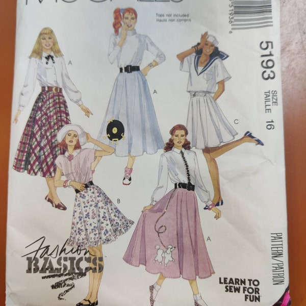 McCall's 5193 Classic 1950s Circle Skirt in 3 Lengths Poodle Sailor "Easy to Make" Vintage Fashion Sewing Pattern 90s 1990s Size 16