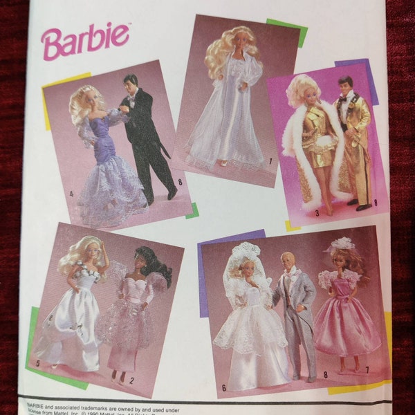 Simplicity 7362 Barbie Ken Doll Clothing Gown Tuxedo Party Dress Wedding Nightgown Ball Gown Vintage Craft Sewing Pattern 1990s 90s UNCUT