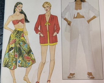 Butterick 4357 Traje de baño Cubrir Gaucho Pantalones Camisa Chaqueta Bandeau Top Shorts Verano Vintage Moda Patrón de costura 1980s 80s Tamaño 6 UNCUT