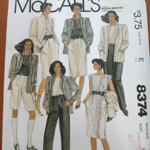 May include: A vintage McCall's sewing pattern featuring illustrations of women's suits and dresses. The pattern includes a variety of styles, such as blazers, skirts, shorts, and a polka dot dress. The pattern number is 8374.