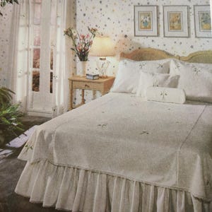 McCall&#39;s 7937 Shabby Chic Embroidered Bedspread Dust Ruffle Pillow Sham Curtain Sewing Pattern 80s Size Twin Full Double Queen UNCUT