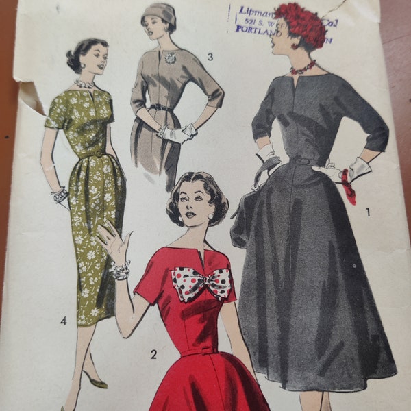 Advance 8412 Day Dress with Slim Wiggle Skirt or Full Vintage Fashion Sewing Pattern 1950s 50s Size 12 UNCUT