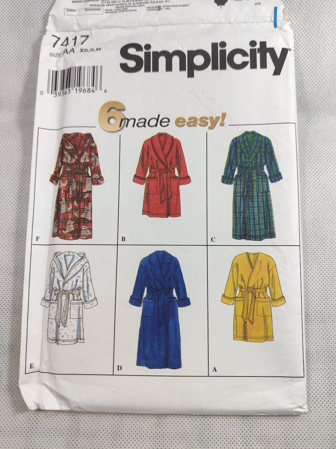Simplicity Robe Pattern Simplicity 7417 Classic Belted Robe Bathrobe Vintage Unisex Adult ...