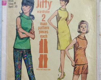 Simplicity 7021 Sleeveless Rolled Collar Shirt & Dress and Pants or Shorts Jiffy Vintage Fashion Sewing Pattern 1970s 70s Size 8 Easy to Sew