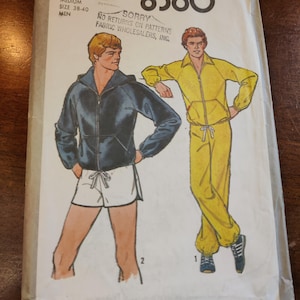 Simplicity 8360 Mens Knit Sweatsuit Sweats Sweatpants Joggers Jacket Shorts Hoodie Sports Vintage Sewing Pattern 1970s 70s Size Medium 38 40