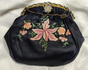 Vintage 1950s Black Embroidered & Beaded Small Handbag Purse Made in France - Chain Handle, Beaded Clasp - Evening Bag