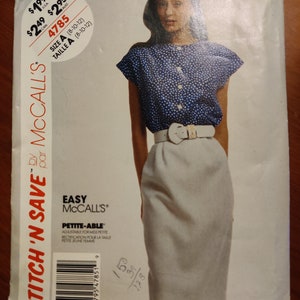 McCall&#39;s 4785 Sleeveless Button Front Top Blouse Straight Skirt Learn to Sew Vintage Fashion Sewing Pattern 1980s 80s Size B (8 10 12) UNCUT