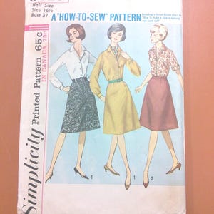 May include: Vintage Simplicity sewing pattern, size 16 1/2, bust 94 cm. The pattern features illustrations of three women in different outfits. The text reads "A HOW-TO-SEW PATTERN" and "Printed Pattern 65c IN CANADA 75c".