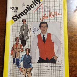 May include: Simplicity sewing pattern number 9793 for a vest with welt pockets. The pattern is for men's sizes 46 and includes instructions for three different styles of vests. The pattern is priced at $3.50 USD and £1.25 GBP. The pattern is not for commercial use.