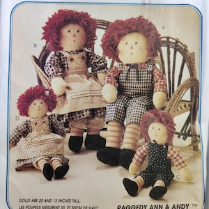 McCalls 8551 13&quot; & 20&quot; Stuffed Raggedy Ann and Andy Fabric Doll with Costumes Vintage Craft Sewing Pattern 1980s 80s UNCUT