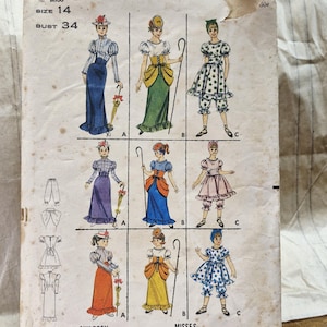 May include: A vintage Butterick sewing pattern envelope for Miss size 14, bust 34. The front displays illustrations of nine different costume variations labeled A, B, and C, featuring long skirts, bodices, and bloomers with various accessories.