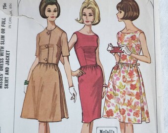 McCalls 7614 Sleeveless Dress with A-Line or Straight Skirt and Fitted Cropped Jacket Vintage Sewing Pattern 1960s 60s Size Medium (12-14)