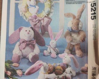 McCall's 5215 Easter Bunny Faux Fur Rabbit Stuffed Animals Toy Craft and Wreath Vintage Sewing Pattern 1990s 90s UNCUT