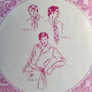 May include: A diagram showing three different ways to wear a scarf or tie. View A shows a patterned tie worn with a collared shirt. View B shows a scarf tied around the waist. View C shows a scarf tied around the neck.