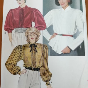 Butterick 6195 Blouse Bow Tie Shirt Top with Wide Shoulders & Pleated Front Vintage Fashion Sewing Pattern 1980s 80s Size 10 UNCUT