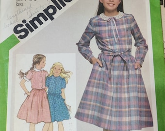 Simplicity 9986 Childs Dress with Button Front Top Peter Pan Collar Children's Vintage Fashion Sewing Pattern 1980s 80s Size 7 8