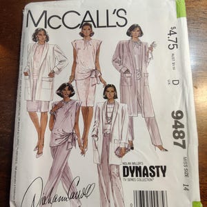 May include: A vintage McCall's sewing pattern featuring illustrations of women's fashion designs. The pattern cover showcases various outfits, including blazers, dresses, and pantsuits, in shades of white and pink. The pattern is labeled "Dynasty" and includes the size 14.