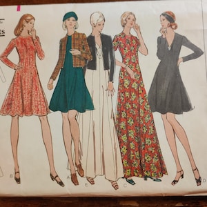 May include: Vintage sewing pattern featuring five illustrated women's fashion designs. The designs include dresses and a jacket, with a variety of colors and patterns. The illustration style is reminiscent of the 1970s.