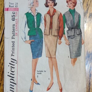 May include: Simplicity sewing pattern number 5594 for a vest. The pattern is for size 20, bust 40. The pattern is 65 cents in the US and 75 cents in Canada. The pattern is suitable for suede. The pattern shows three women wearing different versions of the vest.