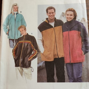 Puede incluir: Un patrón de costura para cuatro chaquetas diferentes. El patrón incluye una chaqueta negra con rayas de colores, una chaqueta marrón y negra, una chaqueta azul claro y una chaqueta roja y azul.