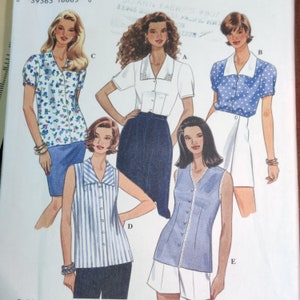 May include: Five different blouse patterns with variations in collar, sleeve, and fabric. The blouses are in a variety of colors and patterns, including floral, polka dot, and striped.