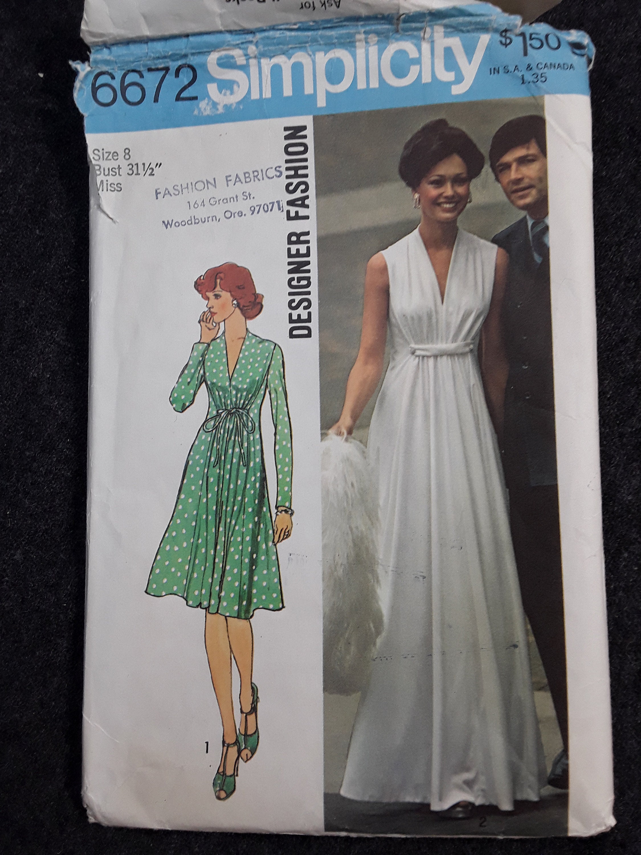 Simplicity 6672 Maxi Dress Retro Glamour Vintage Women's Fashion Sewing Pattern 1970s 70s Size 8 31 1/2