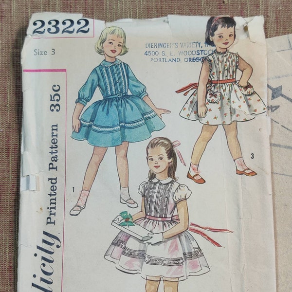 Simplicity 2322 Classic 50s One-Piece Toddler Dress with Peter Pan Collar Vintage Children's Fashion Sewing Pattern 1950s Size 3